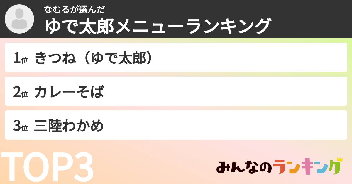 なむるさんの「ゆで太郎メニューランキング」