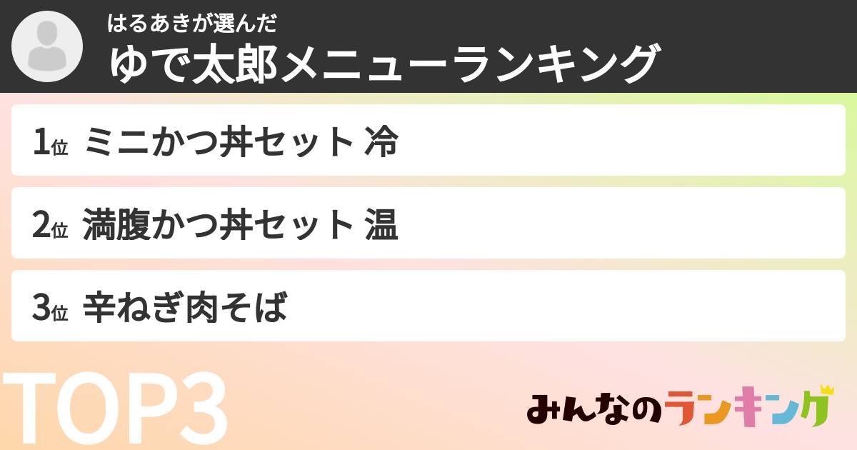 はるあきさんの「ゆで太郎メニューランキング」
