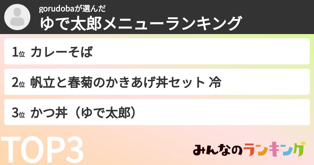 gorudobaさんの「ゆで太郎メニューランキング」