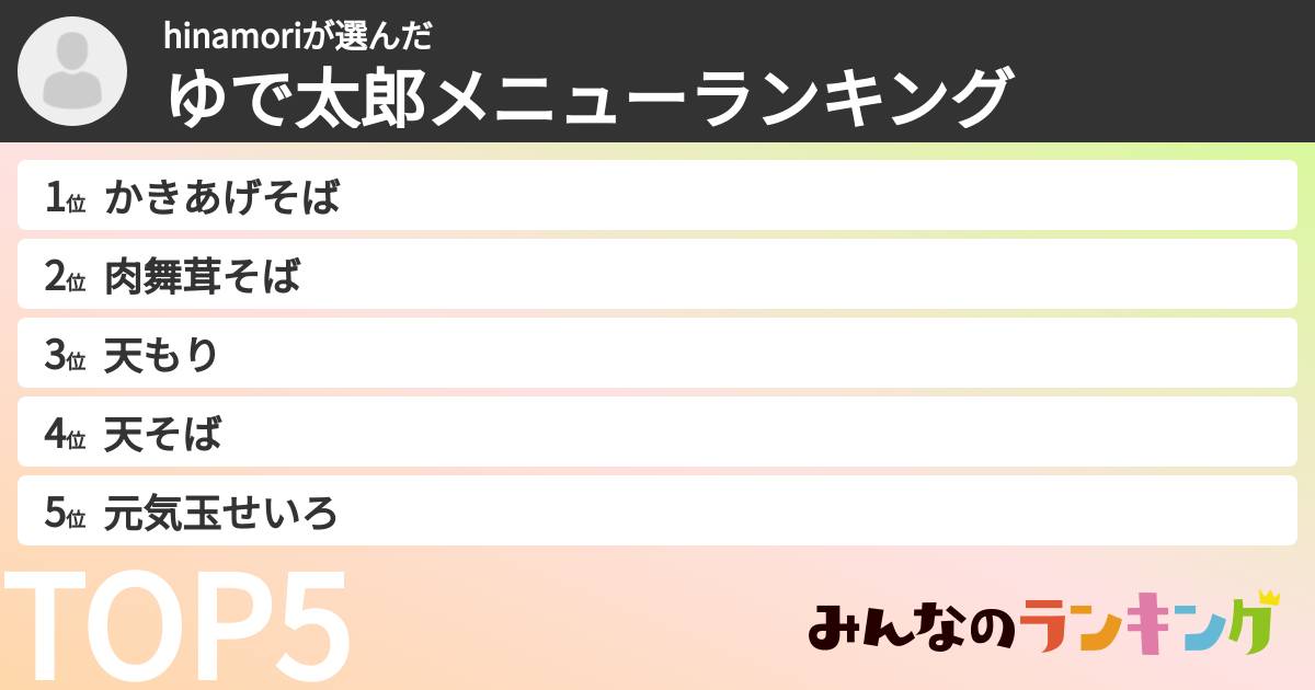 hinamoriさんの「ゆで太郎メニューランキング」