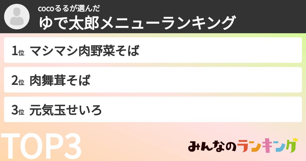 cocoるるさんの「ゆで太郎メニューランキング」