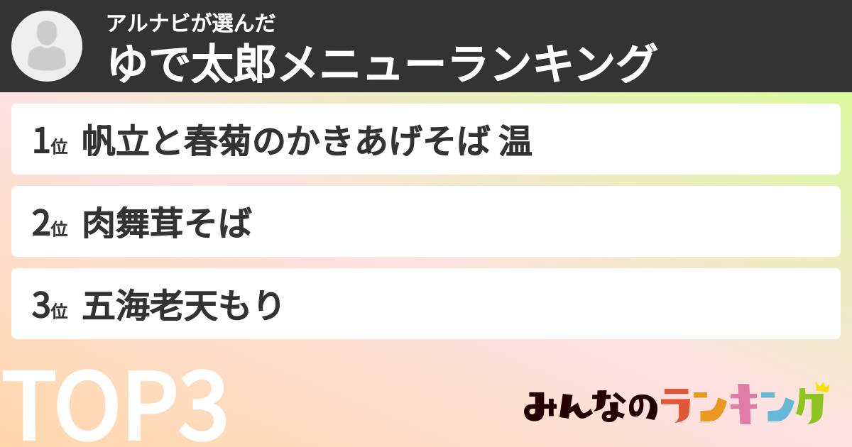 アルナビさんの「ゆで太郎メニューランキング」