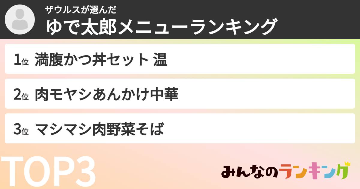 ザウルスさんの「ゆで太郎メニューランキング」