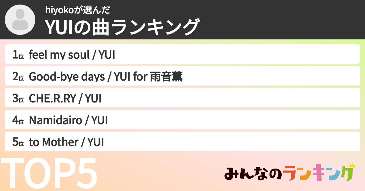 hiyokoさんの「YUIの曲ランキング」