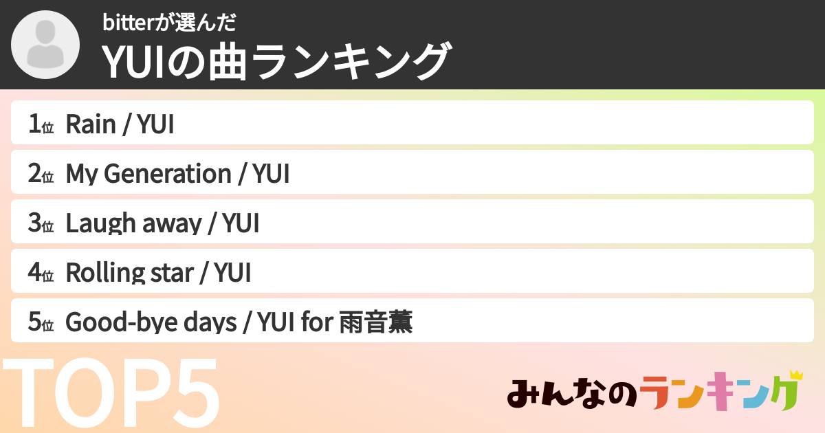 bitterさんの「YUIの曲ランキング」