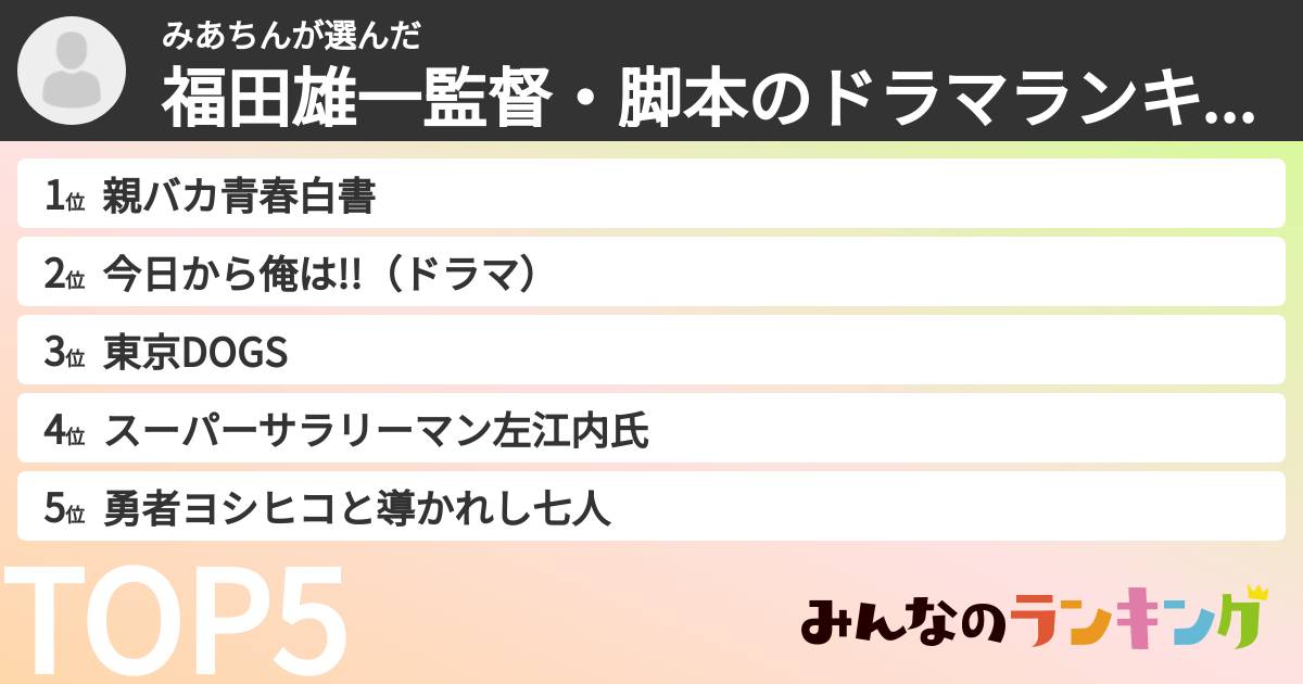 みあちんさんの「福田雄一監督・脚本のドラマランキング」
