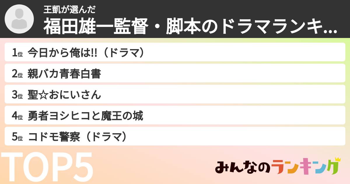 王凱さんの「福田雄一監督・脚本のドラマランキング」