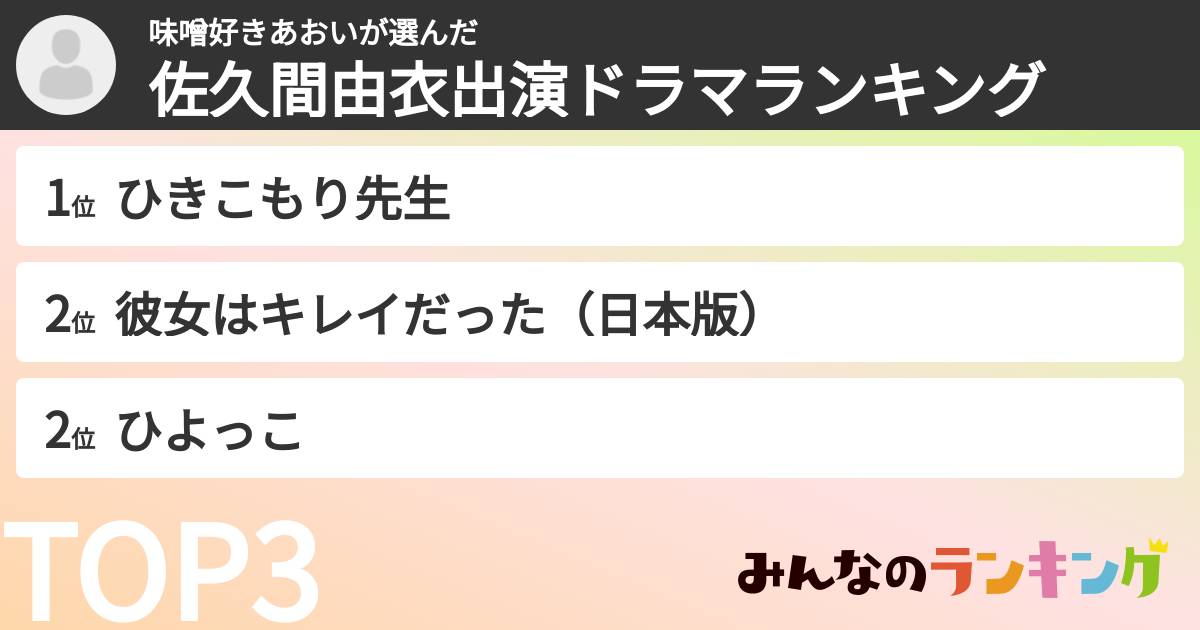 味噌好きあおいさんの「佐久間由衣出演ドラマランキング」