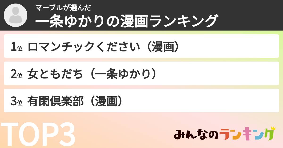マーブルさんの「一条ゆかりの漫画ランキング」