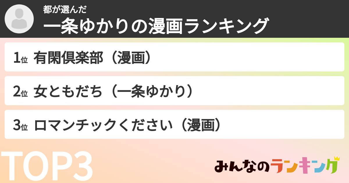 都さんの「一条ゆかりの漫画ランキング」