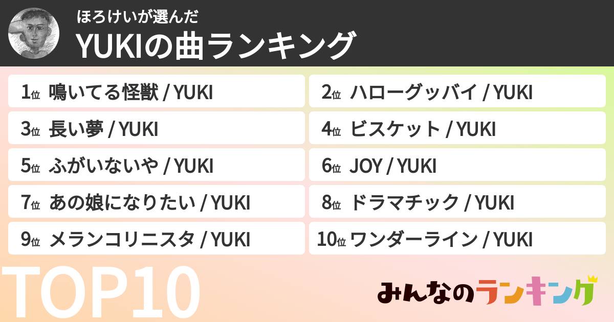 ほろけいさんの「YUKIの曲ランキング」