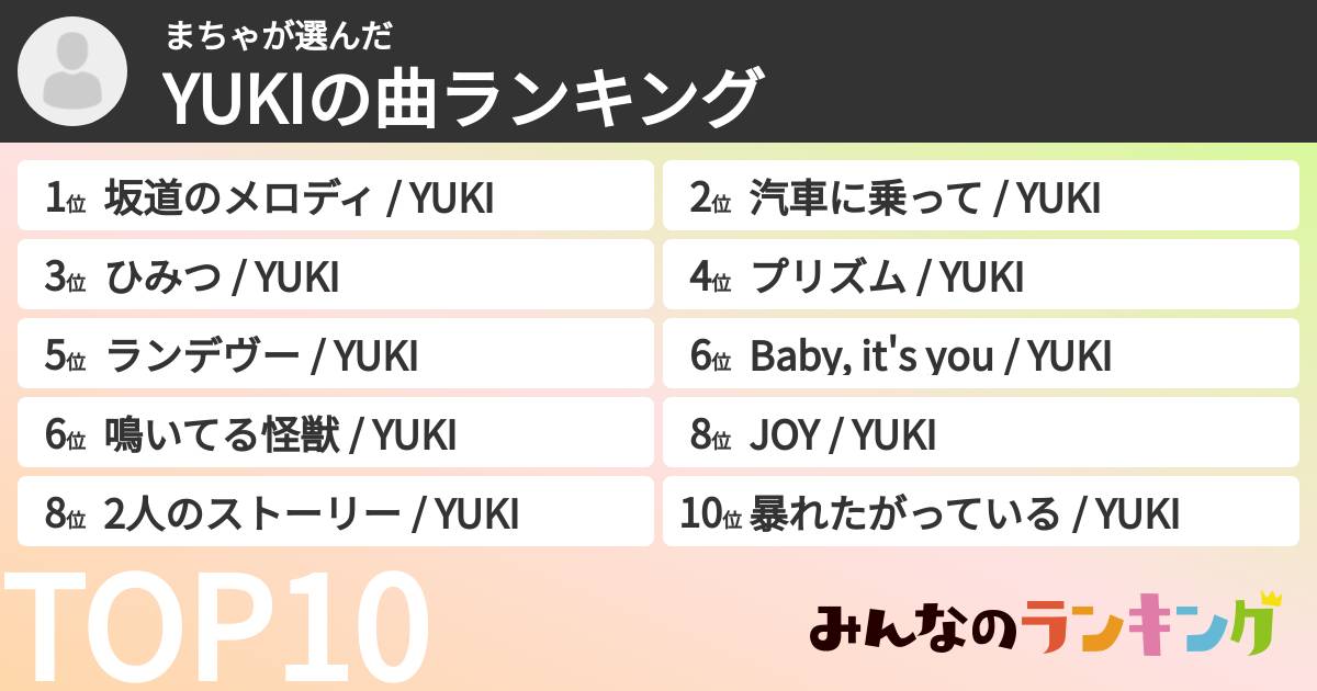 まちゃさんの「YUKIの曲ランキング」