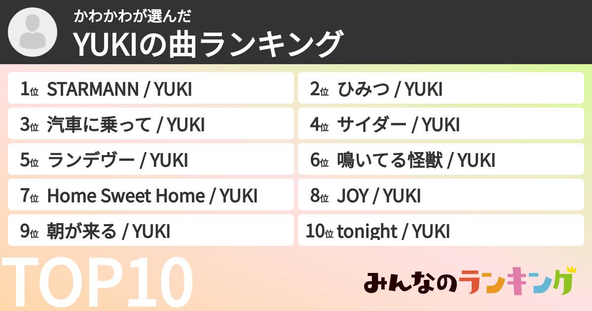 かわかわさんの「YUKIの曲ランキング」