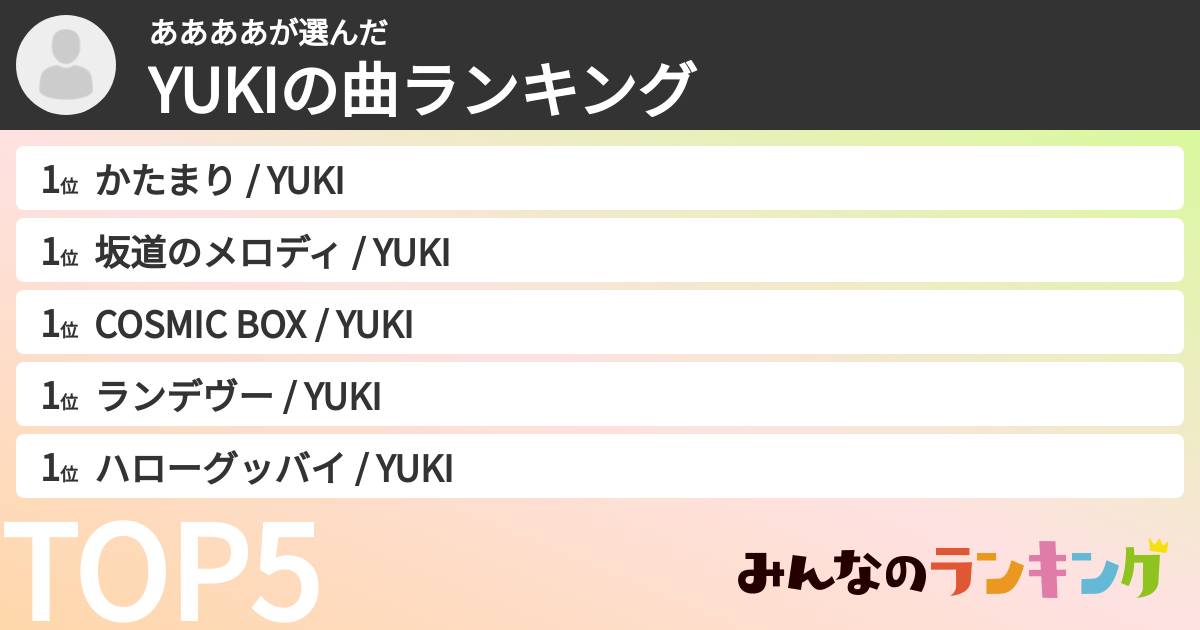 ああああさんの「YUKIの曲ランキング」