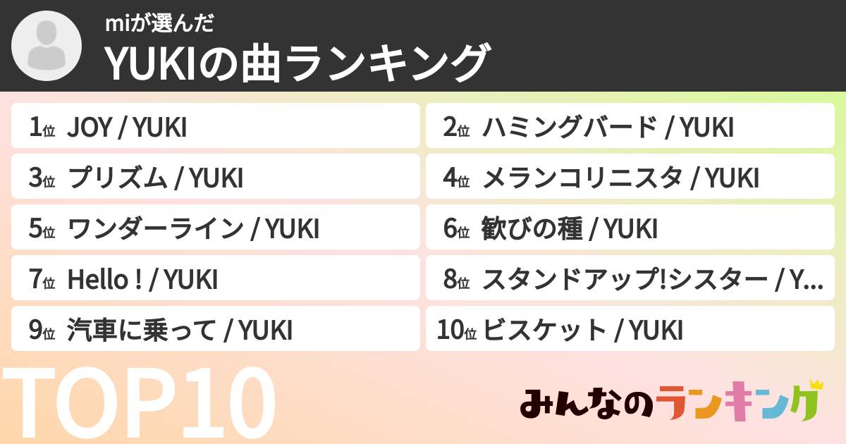 miさんの「YUKIの曲ランキング」