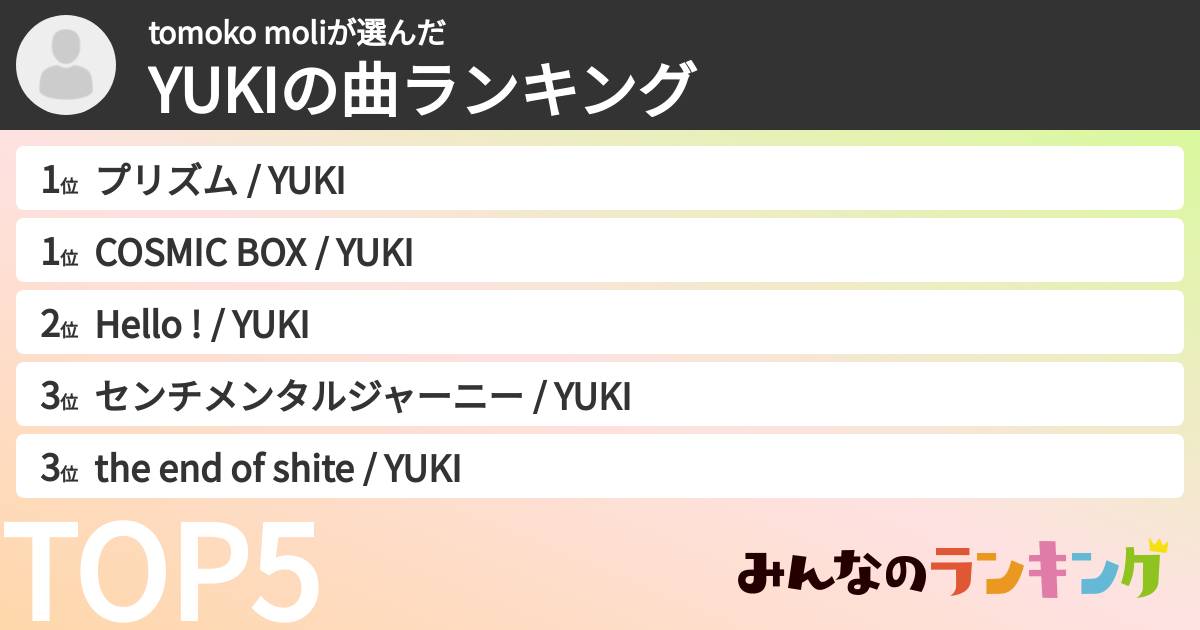 tomoko moliさんの「YUKIの曲ランキング」