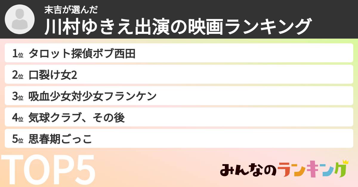 末吉さんの「川村ゆきえ出演の映画ランキング」