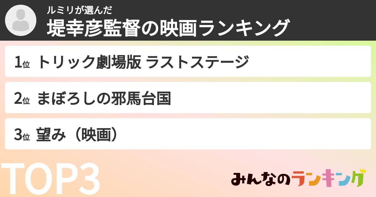 ルミリさんの「堤幸彦監督の映画ランキング」