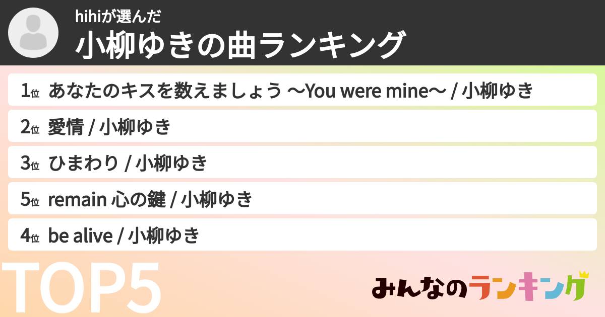 hihiさんの「小柳ゆきの曲ランキング」