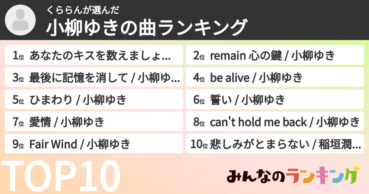 くららんさんの「小柳ゆきの曲ランキング」