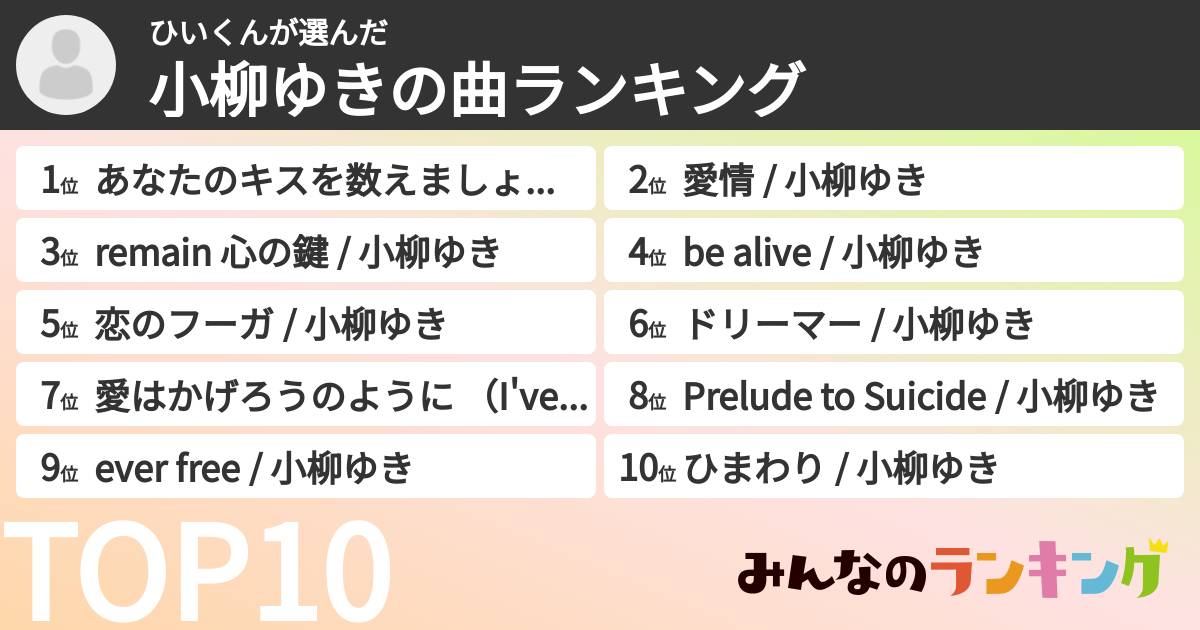 ひいくんさんの「小柳ゆきの曲ランキング」