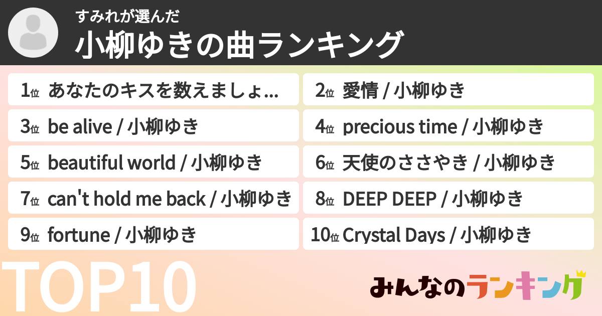 すみれさんの「小柳ゆきの曲ランキング」