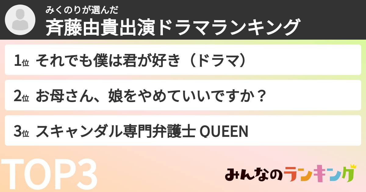 みくのりさんの「斉藤由貴出演ドラマランキング」