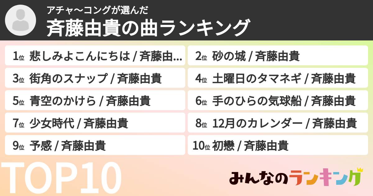 アチャ〜コングさんの「斉藤由貴の曲ランキング」