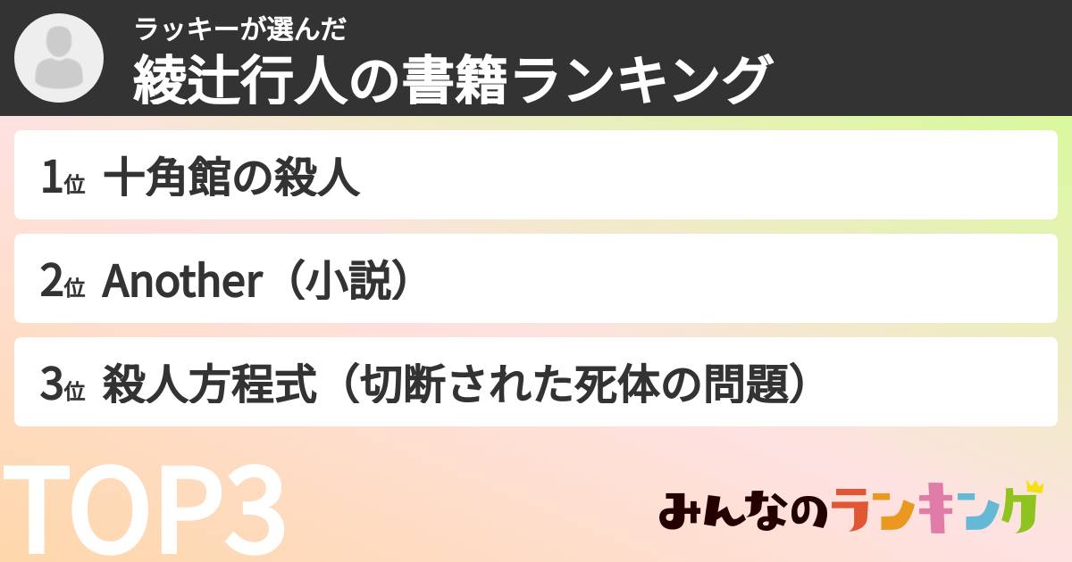 ラッキーさんの「綾辻行人の書籍ランキング」