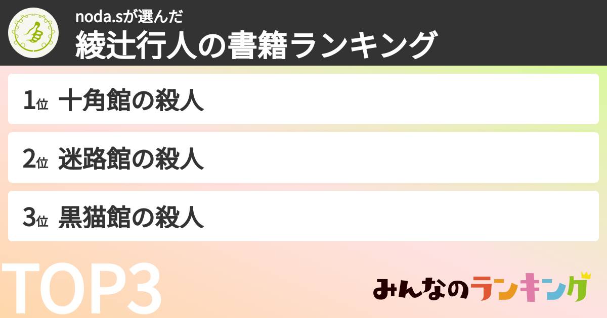 noda.sさんの「綾辻行人の書籍ランキング」