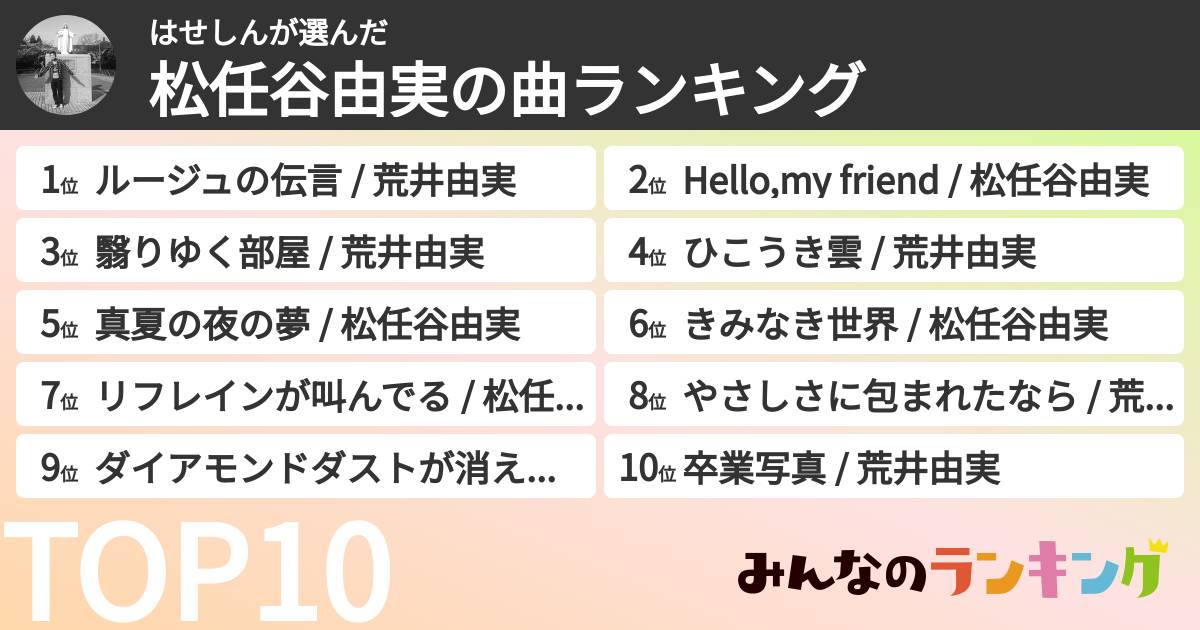 はせしんさんの「松任谷由実の曲ランキング」