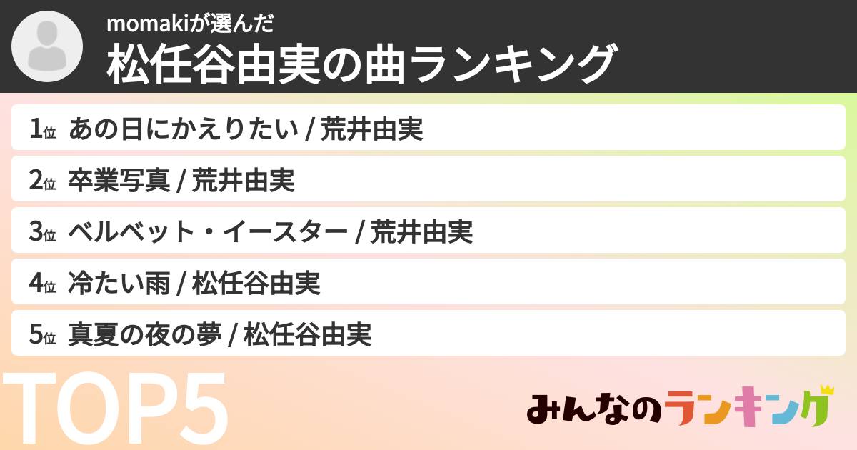 momakiさんの「松任谷由実の曲ランキング」