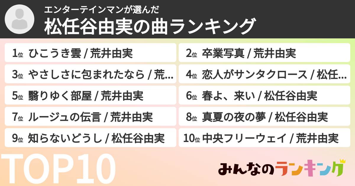 エンターテインマンさんの「松任谷由実の曲ランキング」