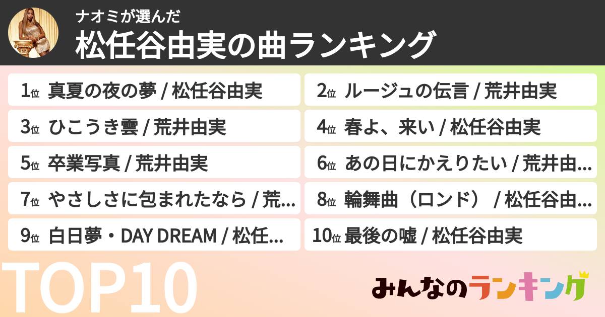 ナオミさんの「松任谷由実の曲ランキング」