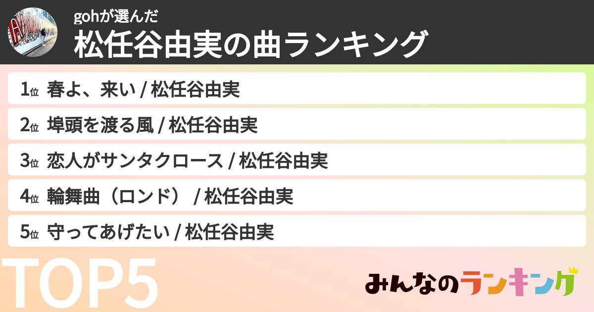 gohさんの「松任谷由実の曲ランキング」