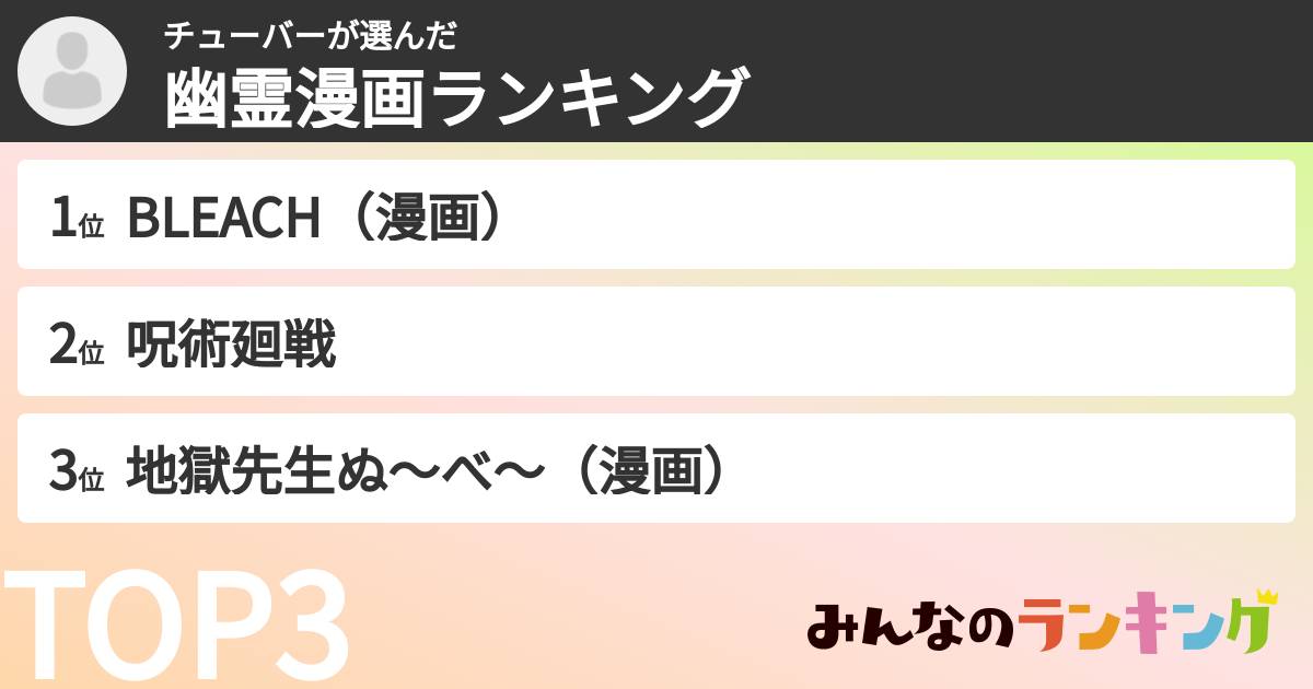 チューバーさんの「幽霊漫画ランキング」