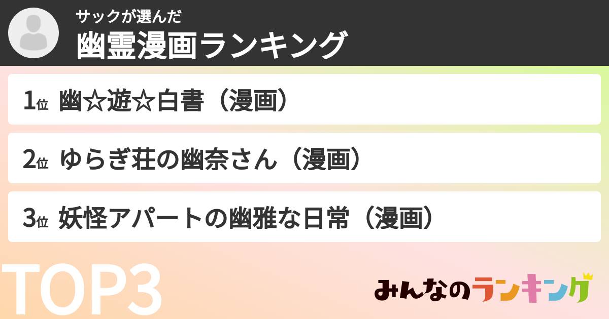 サックさんの「幽霊漫画ランキング」