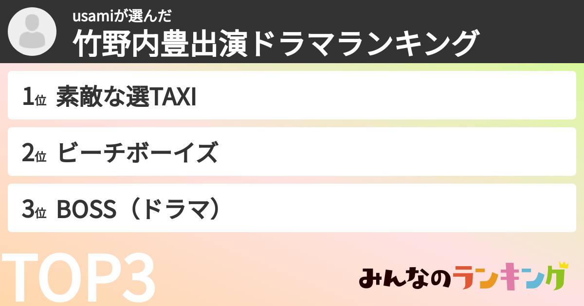 usamiさんの「竹野内豊出演ドラマランキング」