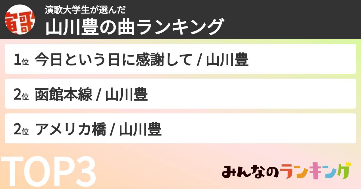 演歌大学生さんの「山川豊の曲ランキング」