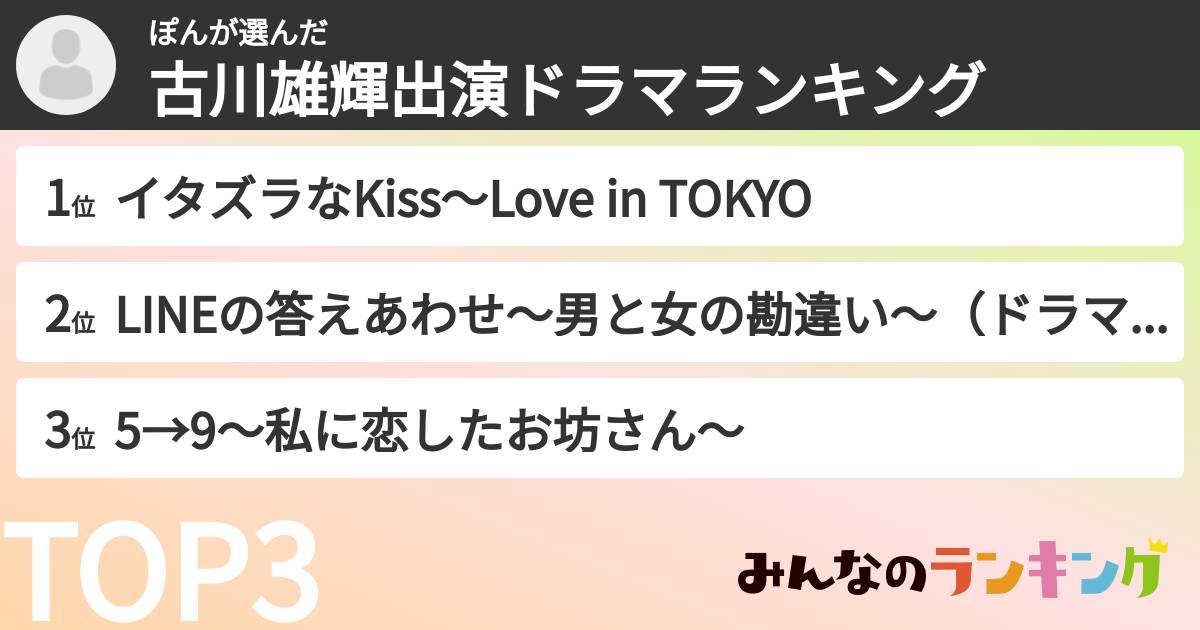 ぽんさんの「古川雄輝出演ドラマランキング」