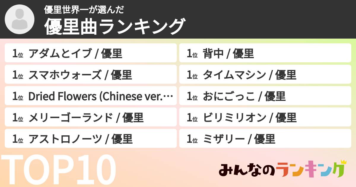 優里世界一さんの「優里曲ランキング」