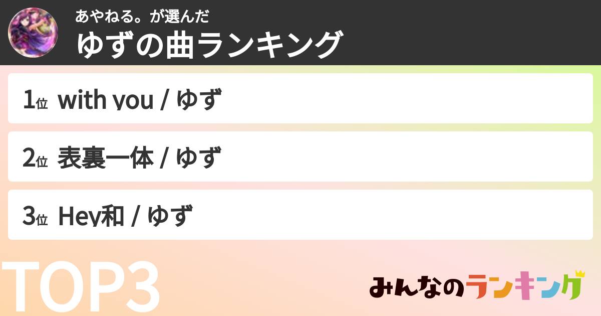 あやねる。さんの「ゆずの曲ランキング」