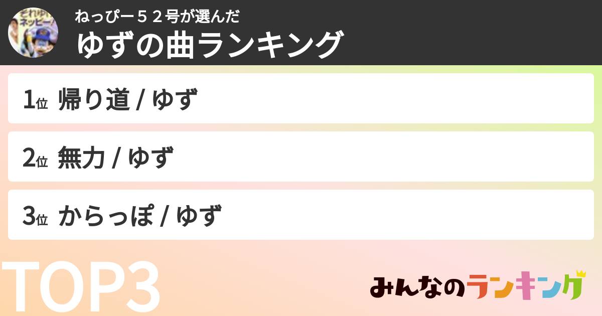 ねっぴー５２号さんの「ゆずの曲ランキング」