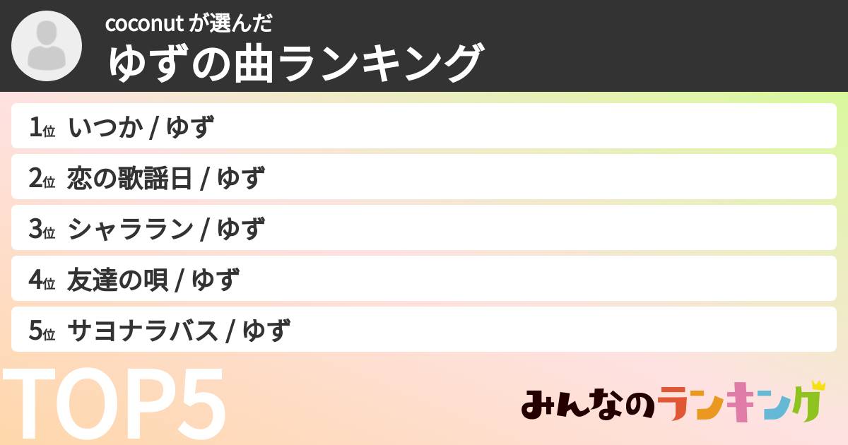 coconut さんの「ゆずの曲ランキング」