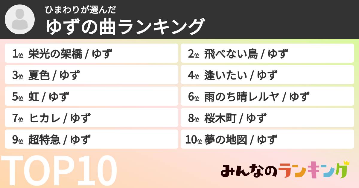 ひまわりさんの「ゆずの曲ランキング」