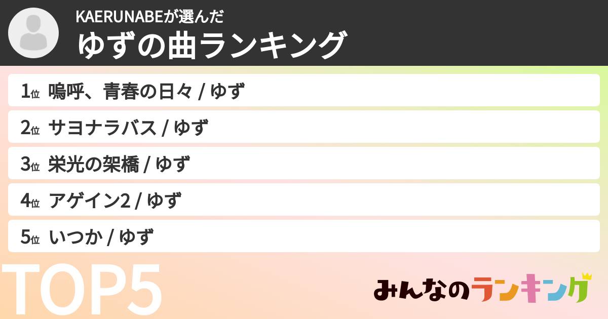 KAERUNABEさんの「ゆずの曲ランキング」