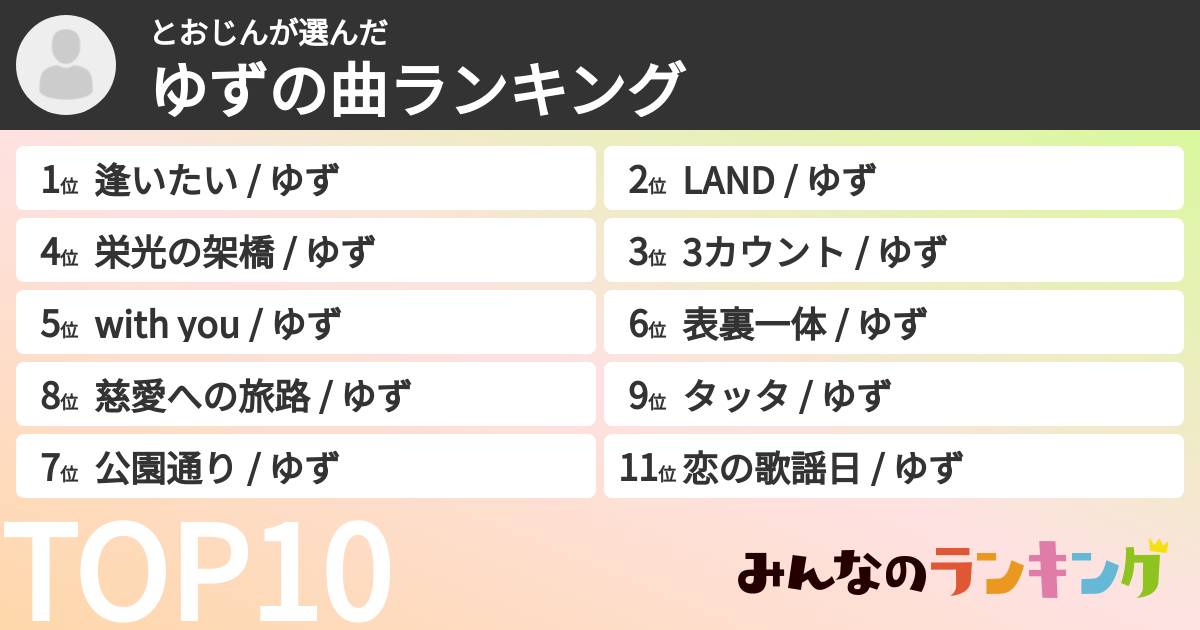 とおじんさんの「ゆずの曲ランキング」