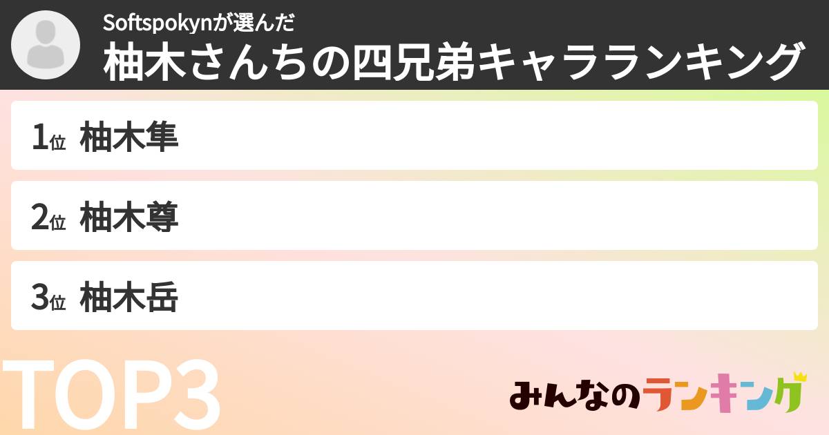 Softspokynさんの「柚木さんちの四兄弟キャラランキング」