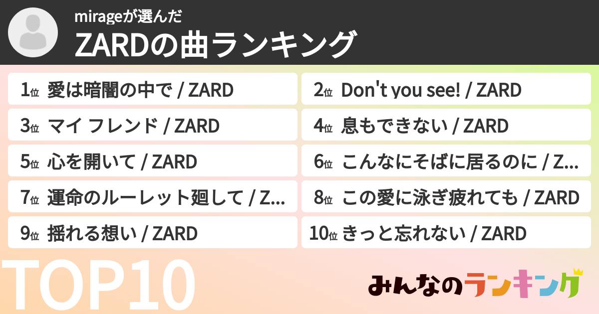 mirageさんの「ZARDの曲ランキング」