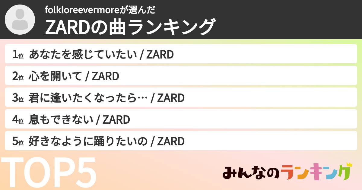 folkloreevermoreさんの「ZARDの曲ランキング」